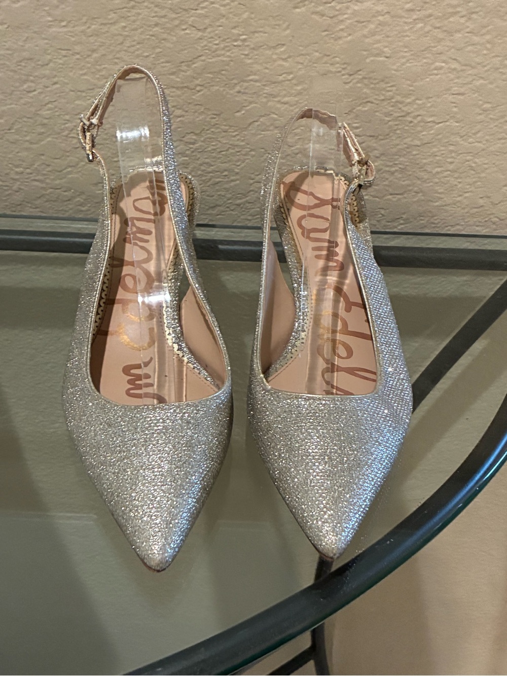 San Edelman Ludlow  Sparkling Silver Pointed Slingback kitten Heels